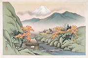 HARUMITSU UTAGAWA, Landscape withy Mount Fuji and a Torrent, ink and colour on silk